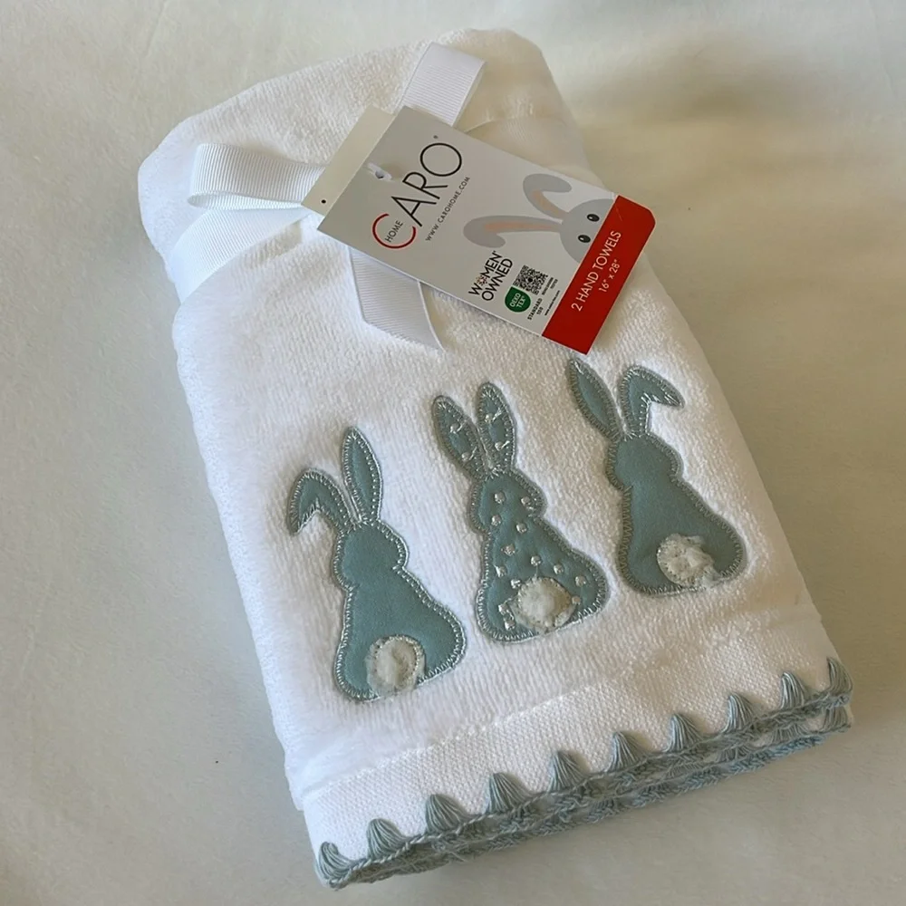 CARO Home, 100% Cotton White and Blue/Green Bunny Back Hand Towels, Set of 2
